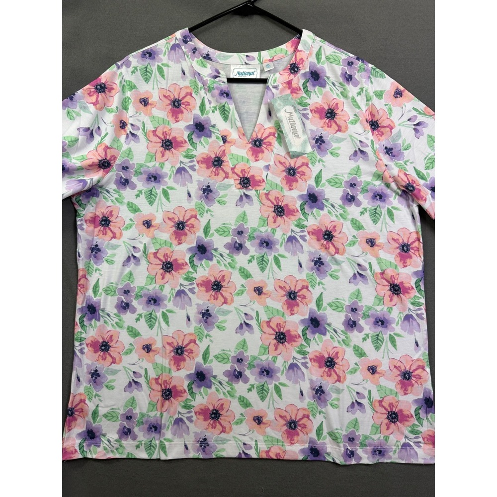National Womens Floral V-Neck Short Sleeve Top XL Pink Purple White 23918 NWT